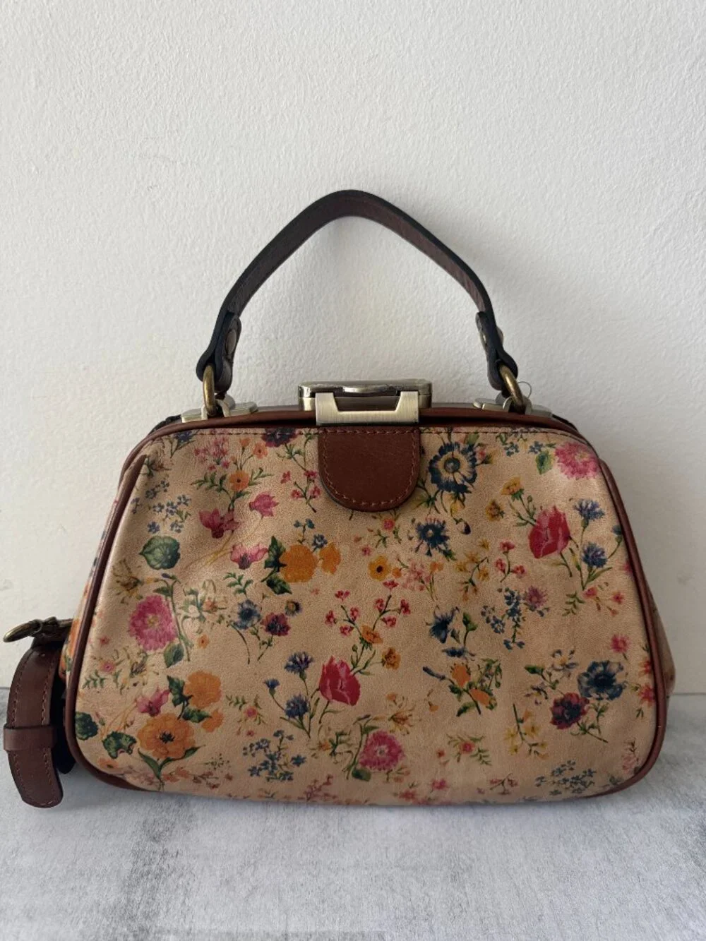 Patricia Nash Gracchi Prairie Rose Tan Framed Leather Satchel Xbody Floral